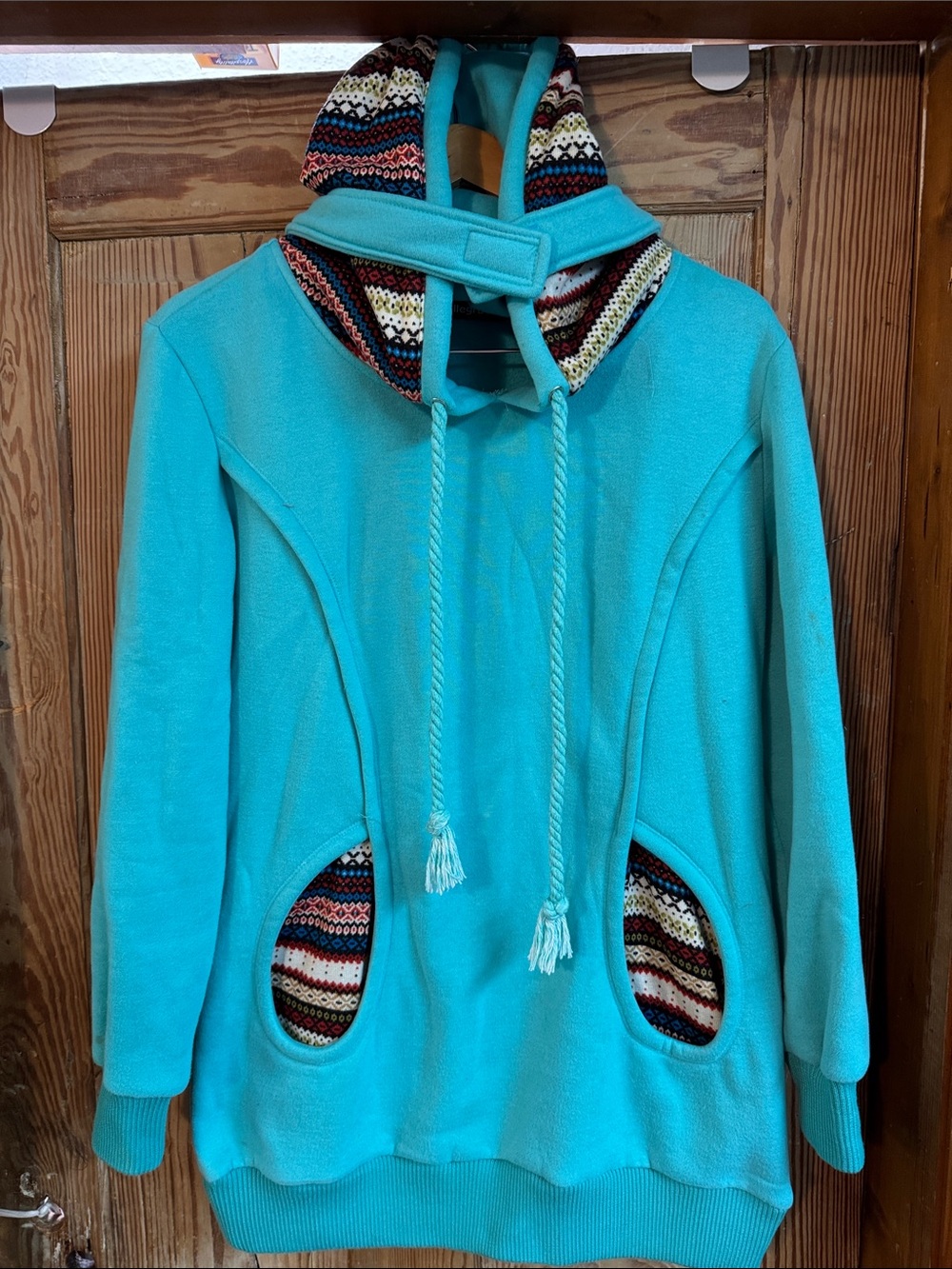 Allegra k Small Turquoise thick Hooded Knit-Trim Sweater Pullover hoody unique